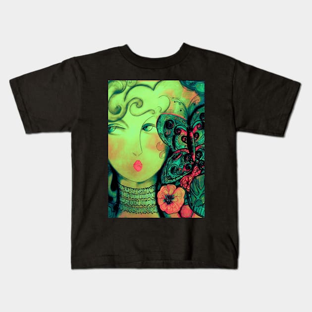green fairy woodland art deco dolly girl Kids T-Shirt by jacquline8689